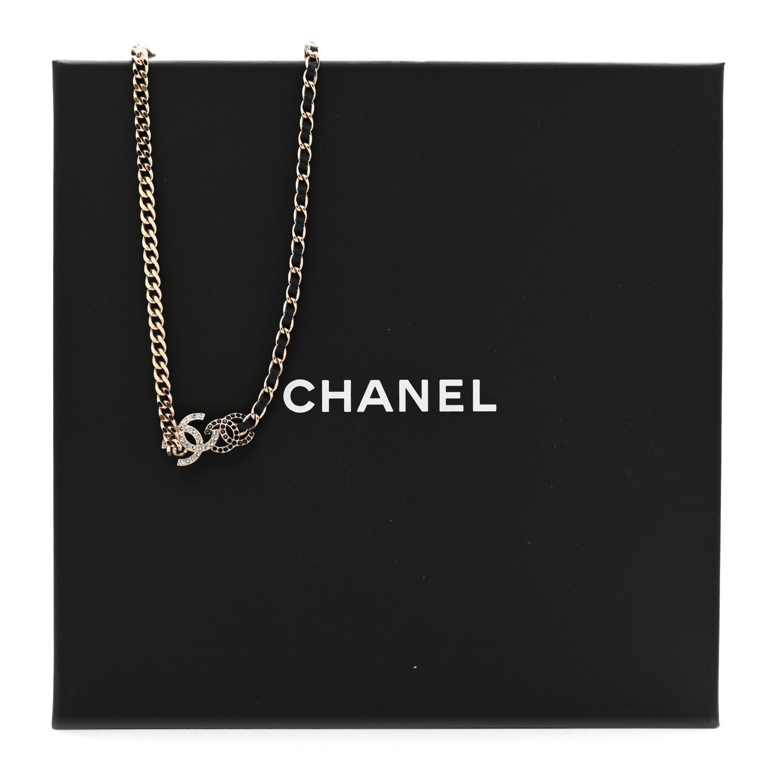 Chanel Metal Calfskin Crystal Double CC Short Necklace Black Gold 6 of 6