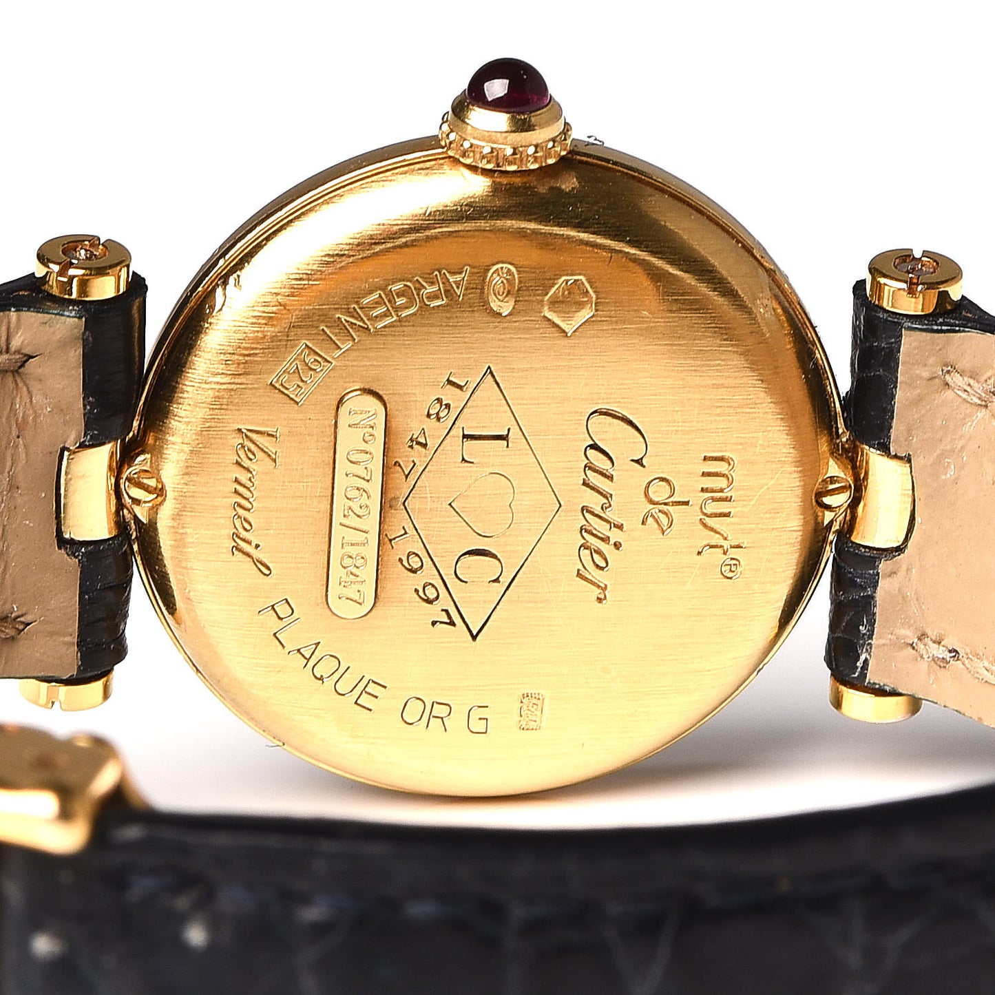 Sterling Silver Vermeil Alligator 23mm Must De Cartier Round Quartz Watch Blue