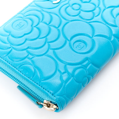 Chanel Lambskin Camellia Embossed Large Gusset Zip Around Wallet Turquoise 10 of 12