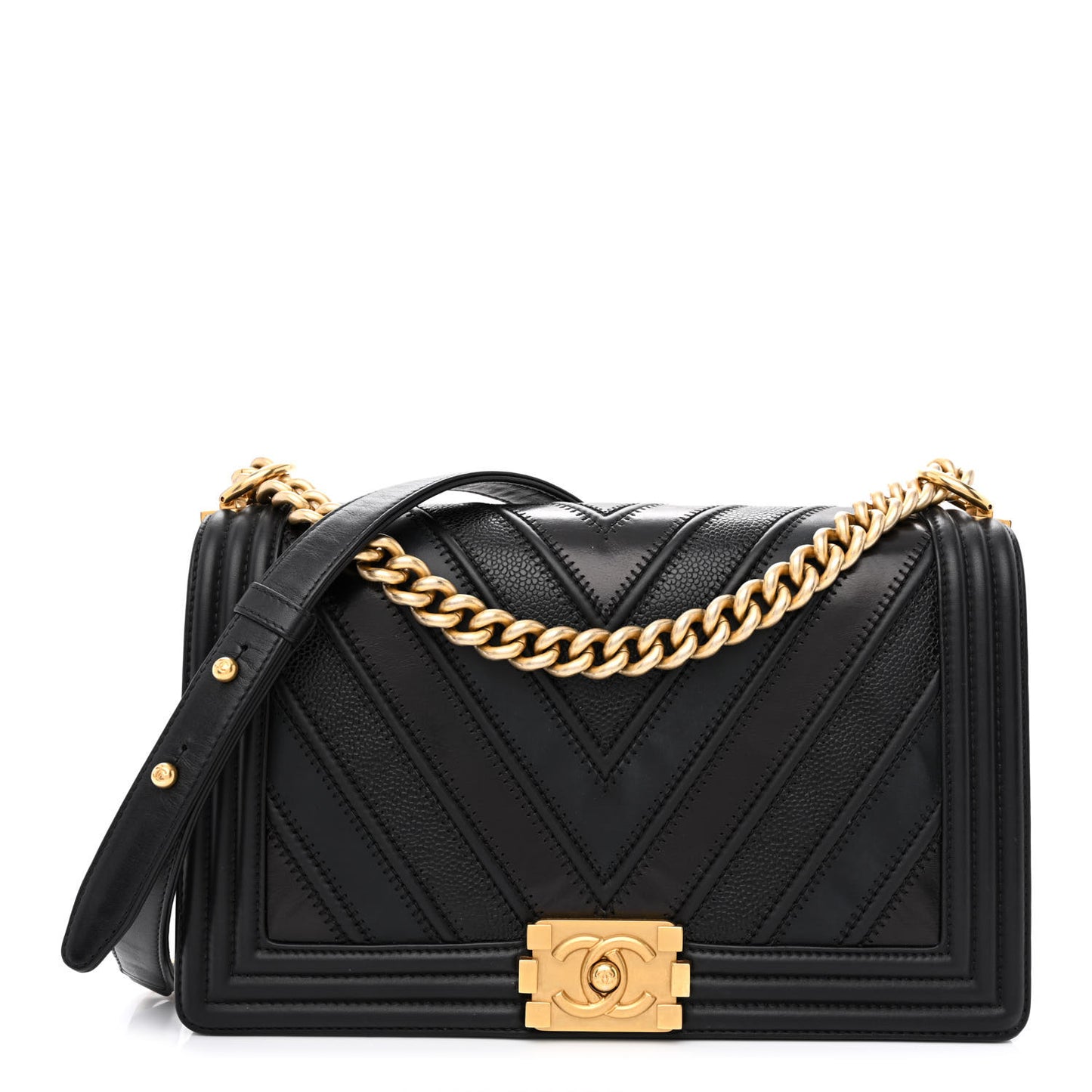 Calfskin Caviar Suede Chevron New Medium Boy Flap Black