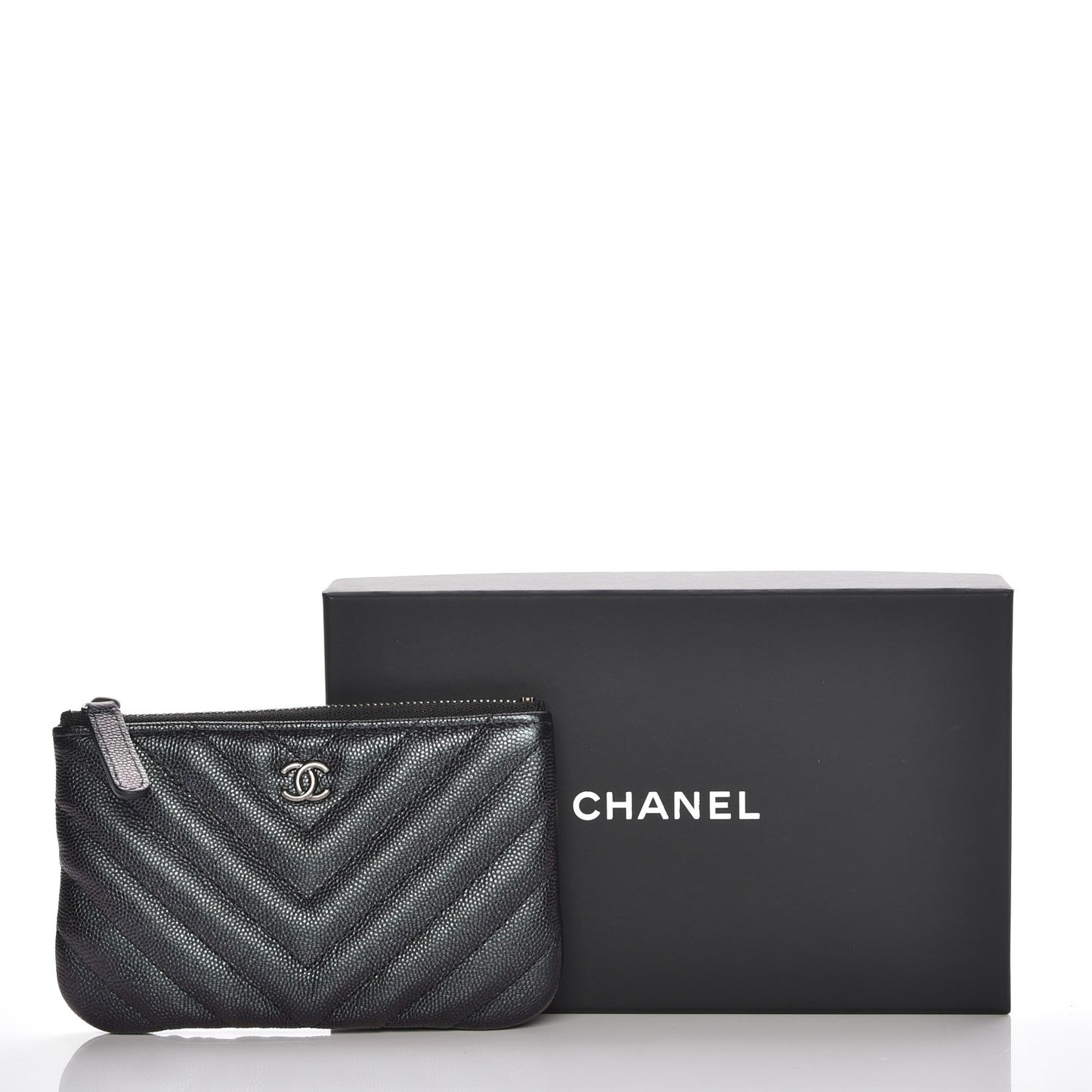 Metallic Caviar Chevron Quilted Small Cosmetic Case Black