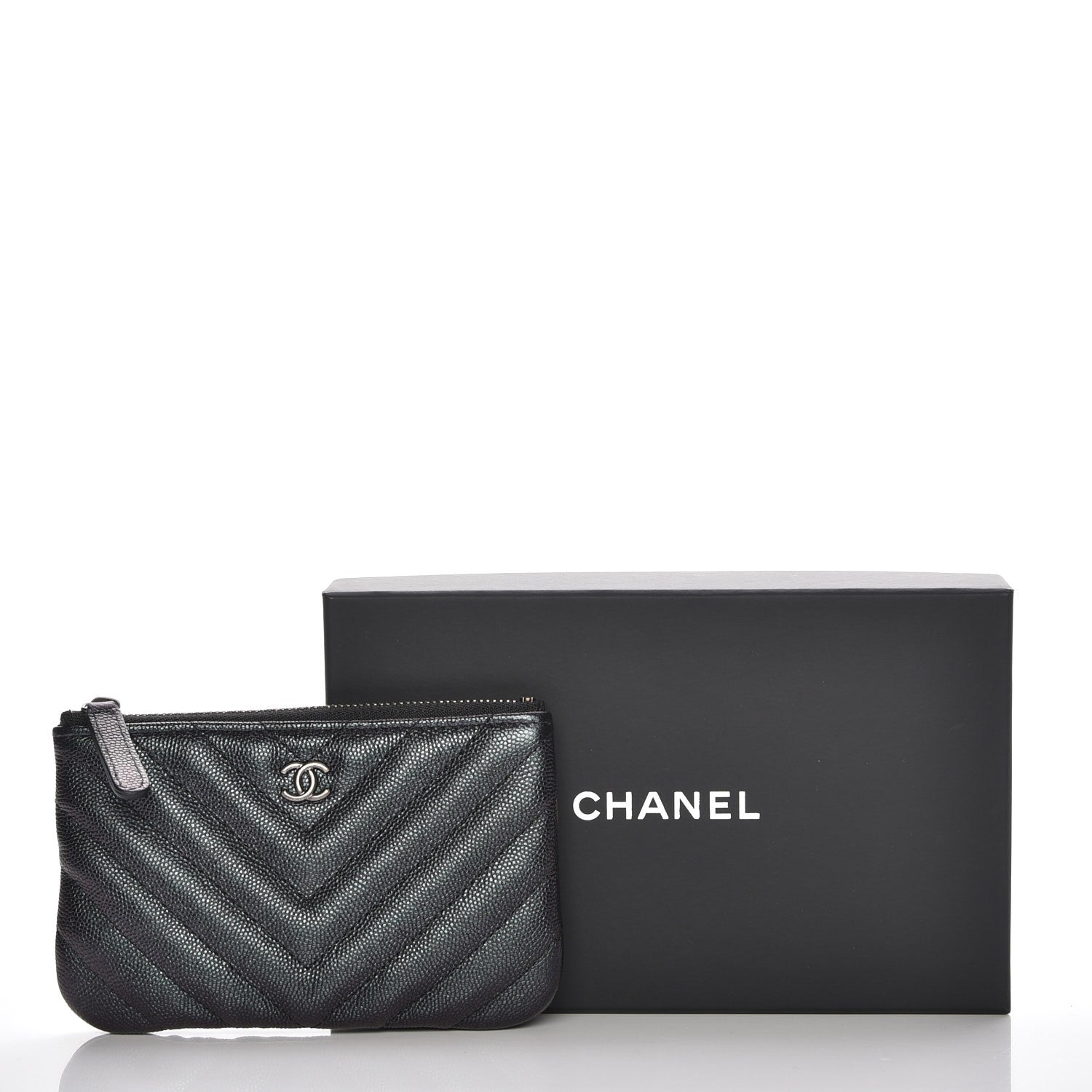 Chanel Metallic Caviar Chevron Quilted Small Cosmetic Case Black 9 of 9