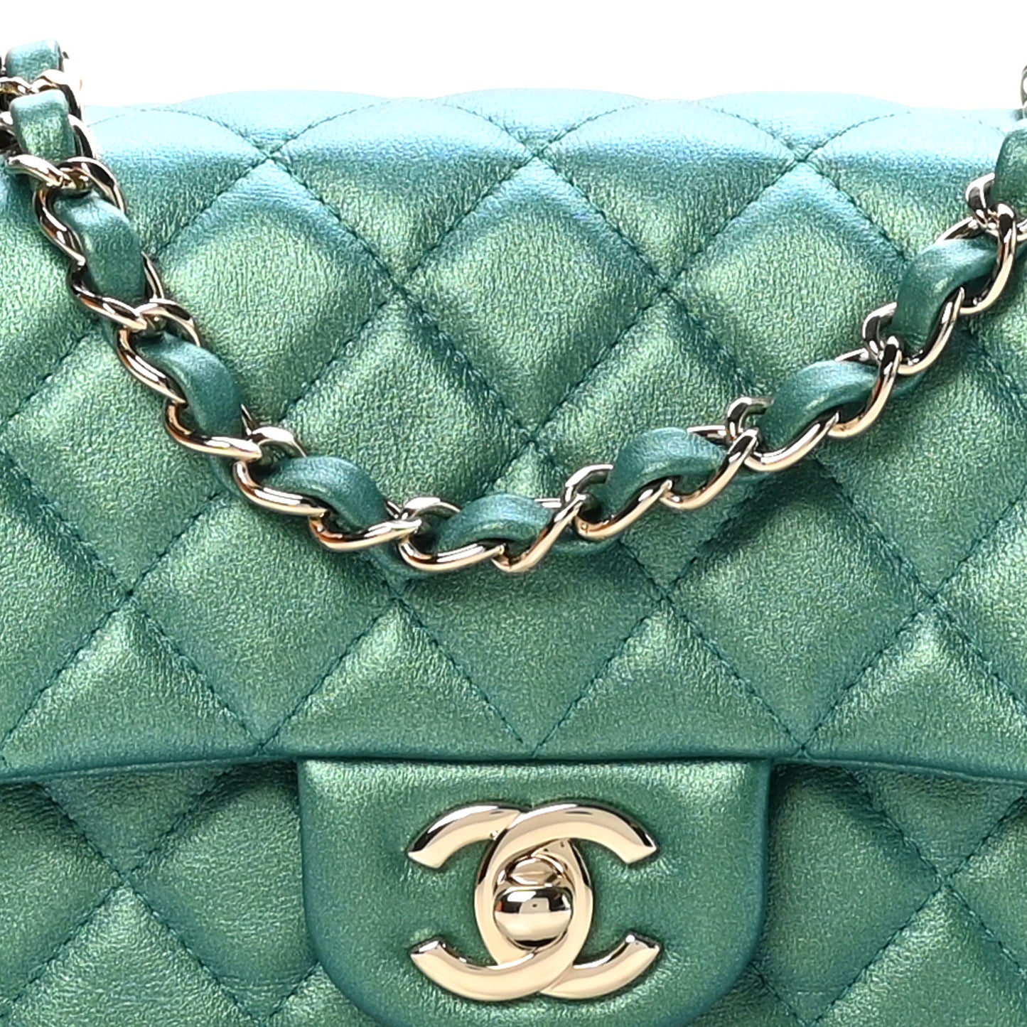 Iridescent Calfskin Quilted Mini Rectangular Flap Green