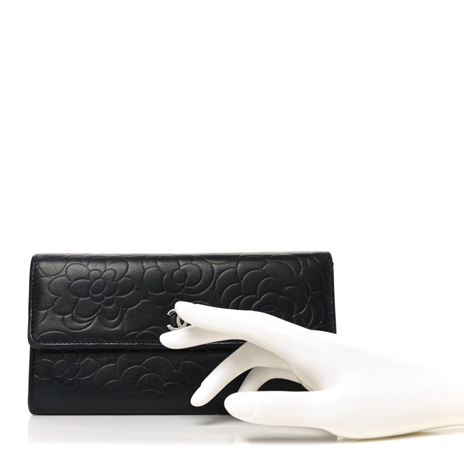 Chanel Lambskin Embossed Camellia Large Gusset Flap Wallet Black 2 of 10