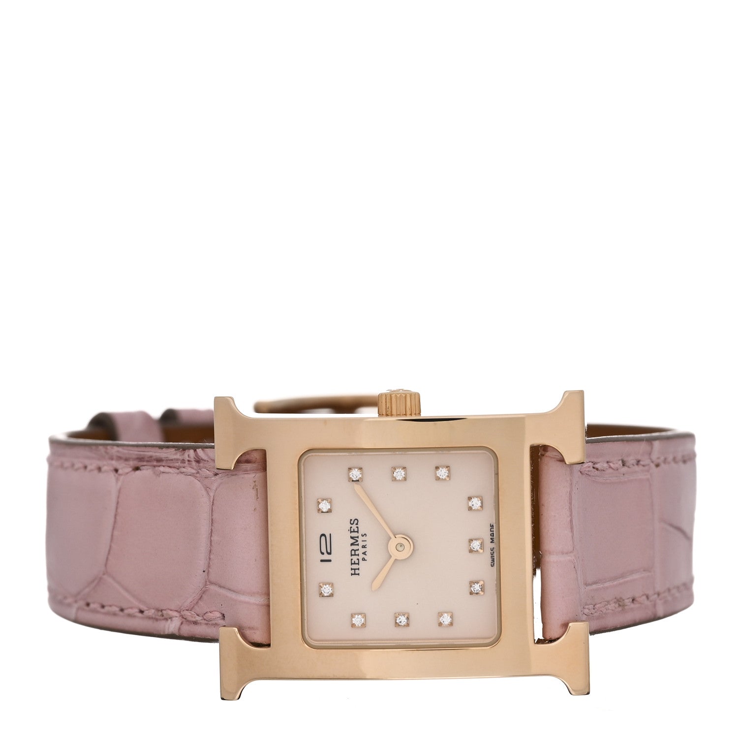 Hermes Stainless Steel Alligator Diamond Mother of Pearl 21mm Heure H Hour Quartz Watch Rose Pale 2 of 5