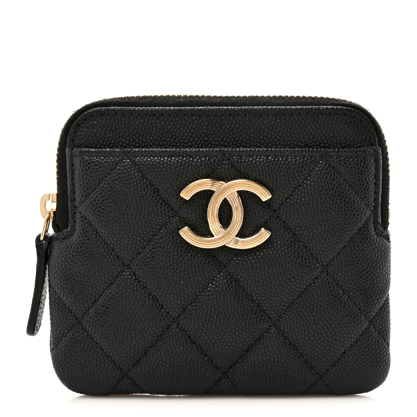 Caviar Quilted Striated Zip Card Holder Wallet Black