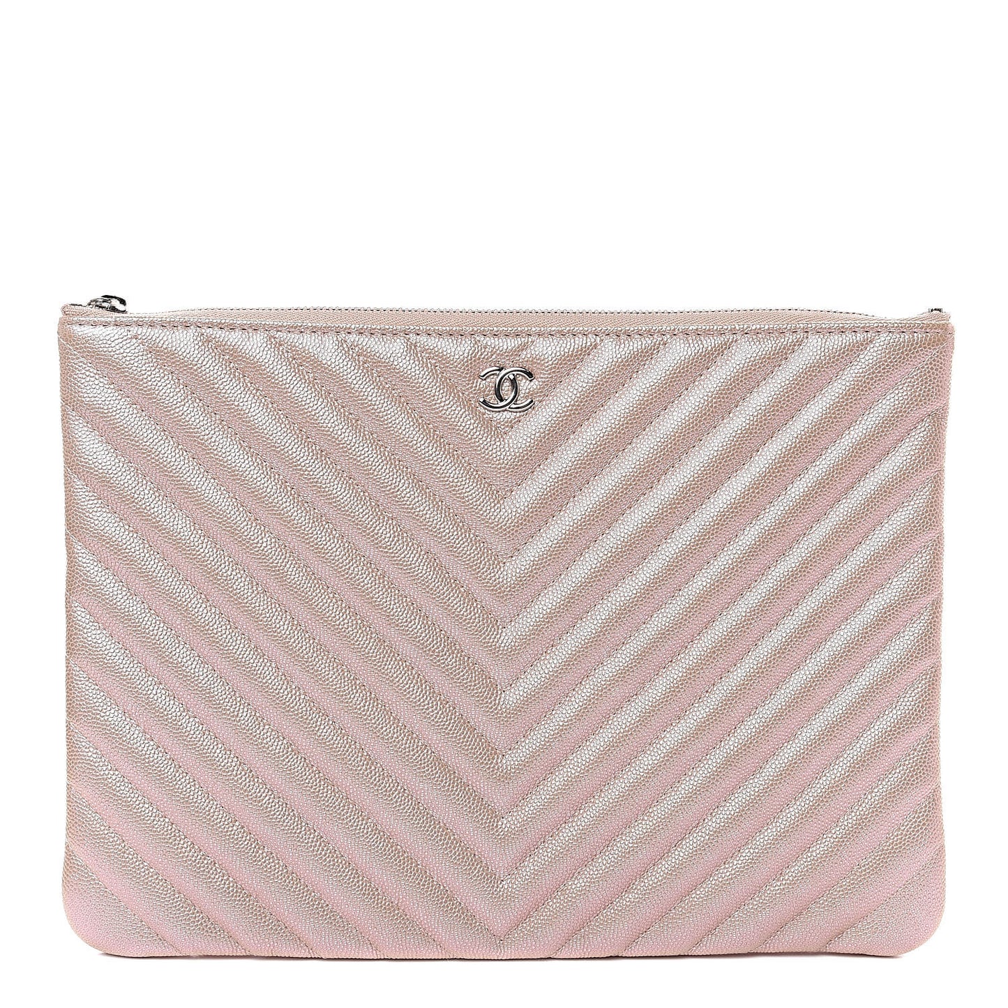 Iridescent Caviar Chevron Quilted Medium Cosmetic Case Light Gold