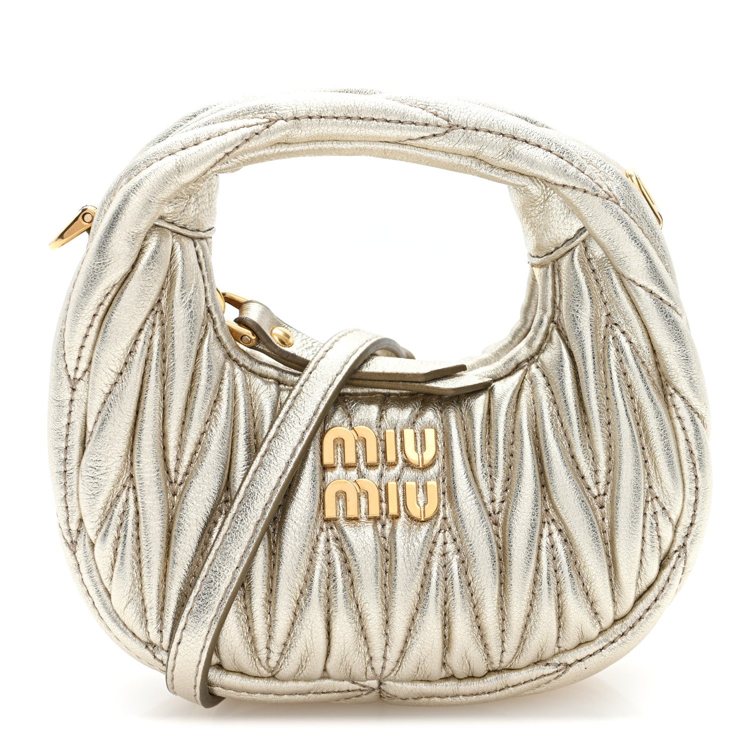 Miu Miu Metallic Nappa Matelasse Micro Wander Hobo Pirite Pirite 1 of 8