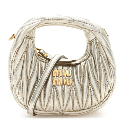 Miu Miu Metallic Nappa Matelasse Micro Wander Hobo Pirite Pirite 1 of 8