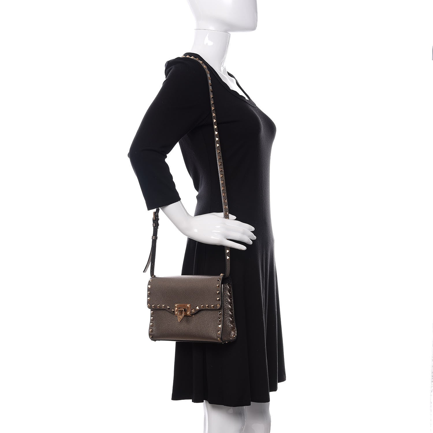 Valentino Garavani Metallic Pebbled Calfskin Medium Rockstud Flip Lock Crossbody Bag Sasso 2 of 9