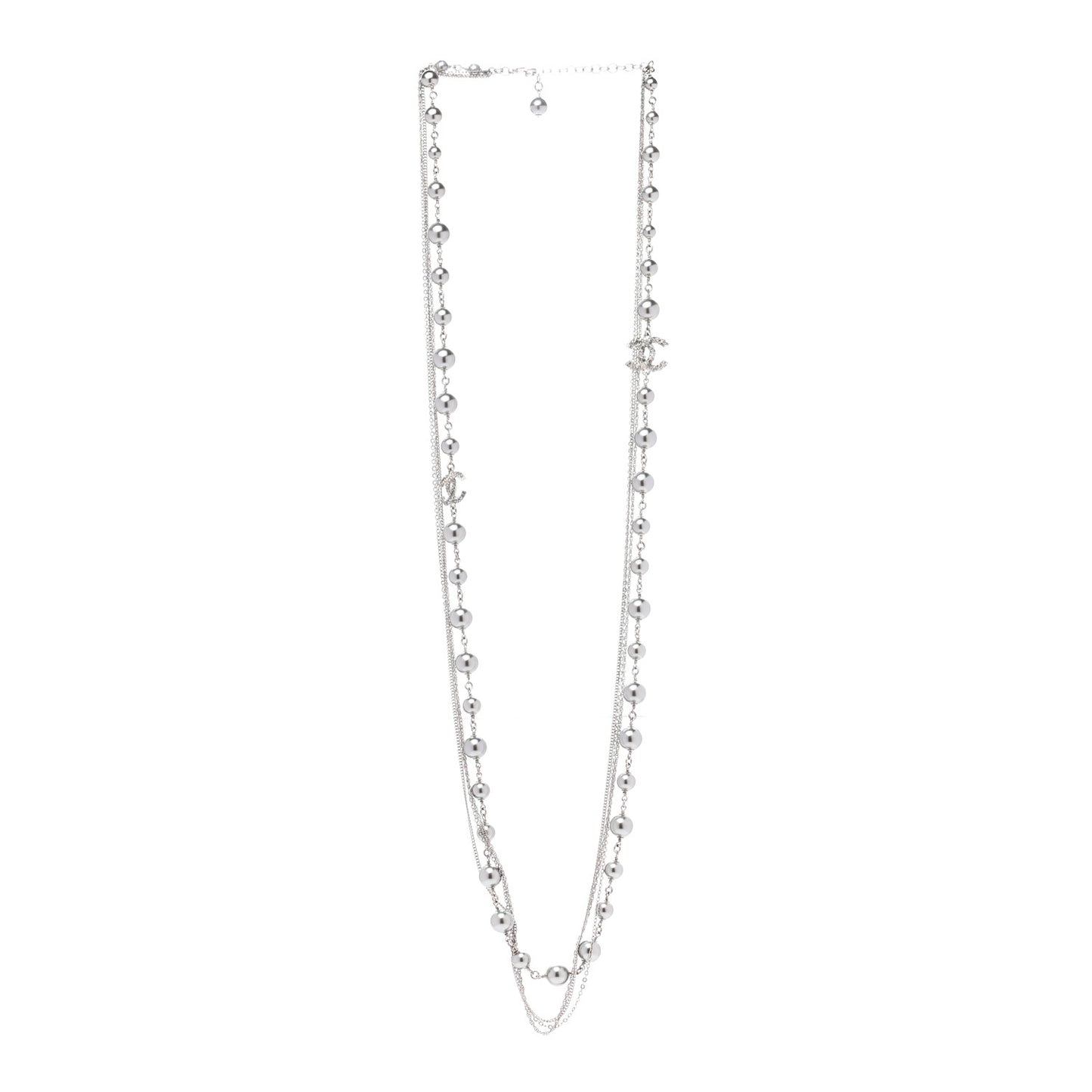 Pearl Bead Multi Strand CC Long Necklace Silver Grey