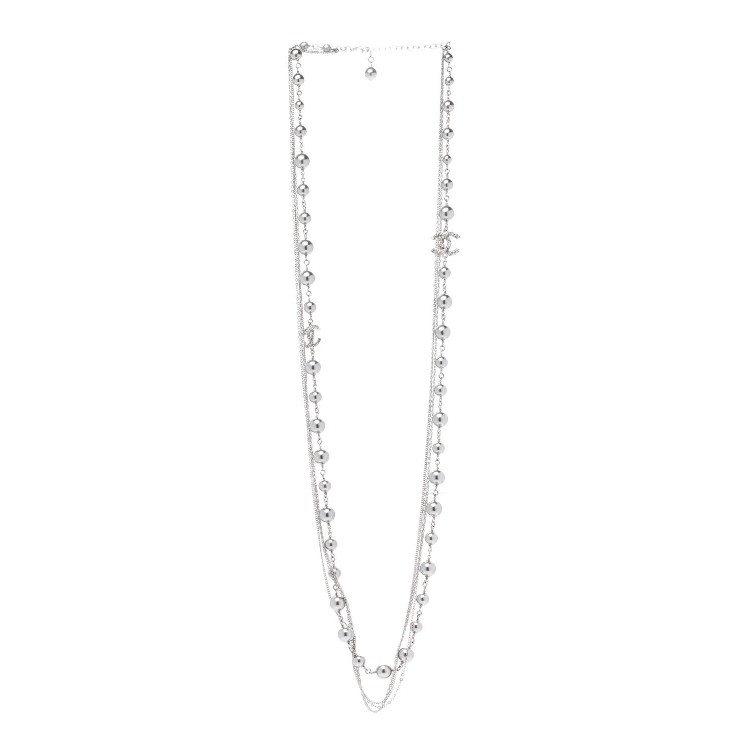 Chanel Pearl Bead Multi Strand CC Long Necklace Silver Grey 3 of 7