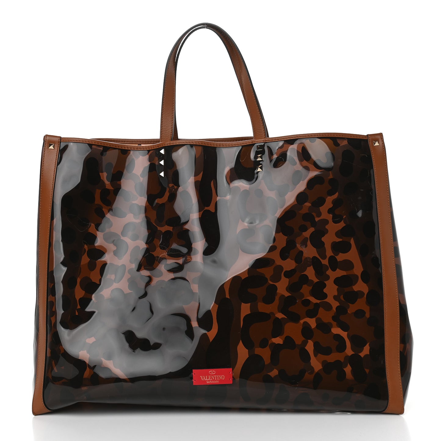 PVC Leopard Print Large Rockstud Shopping Tote Brown