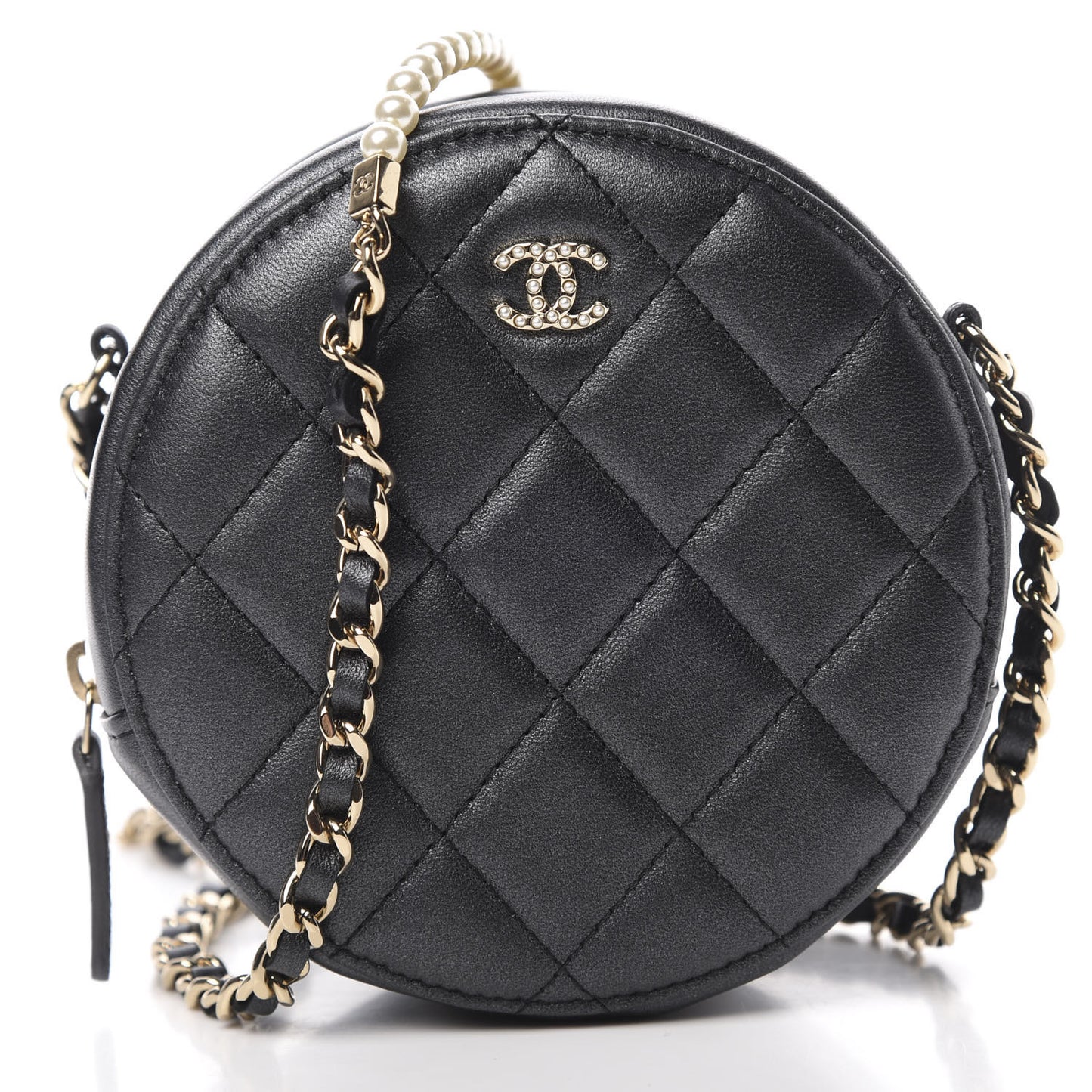 Iridescent Lambskin Quilted Pearl Round Clutch With Chain Black