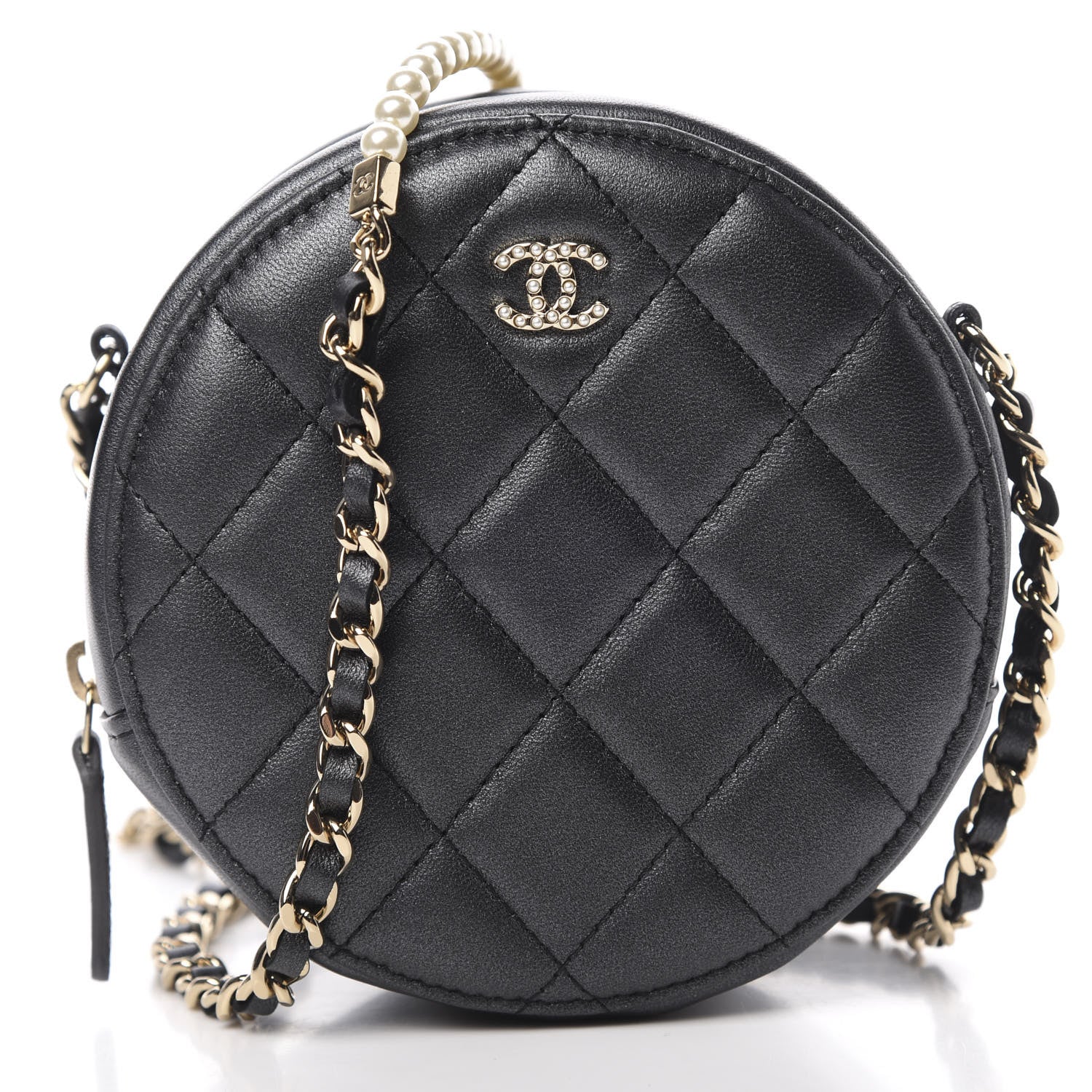 Chanel Iridescent Lambskin Quilted Pearl Round Clutch With Chain Black 8 of 11