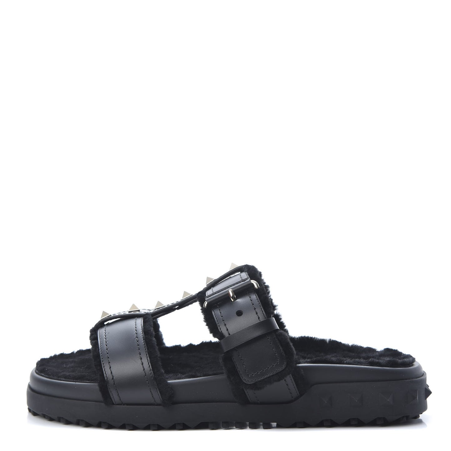 Shearling Rockstud Slide Sandals 38 Black