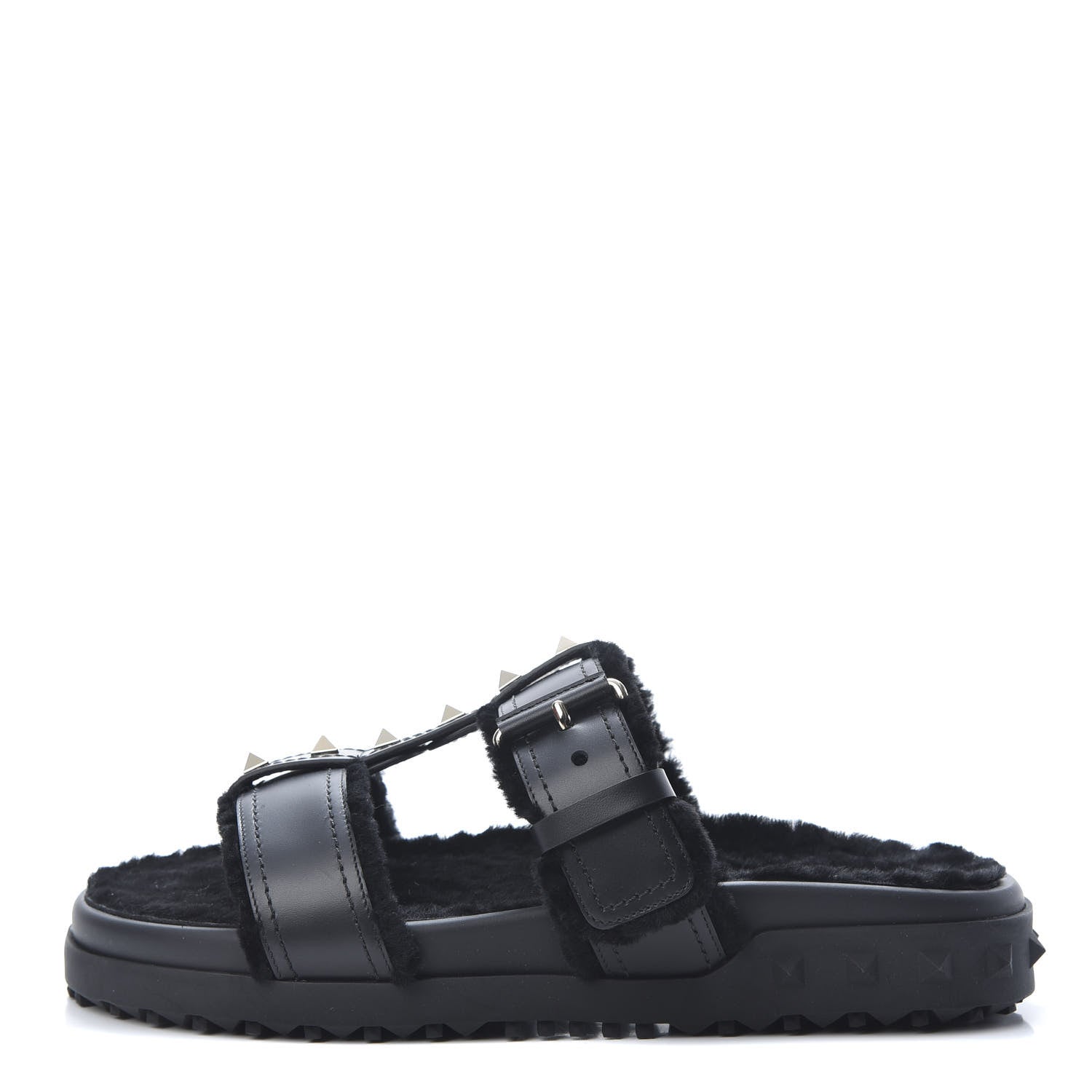 Valentino Garavani Shearling Rockstud Slide Sandals 38 Black 1 of 9