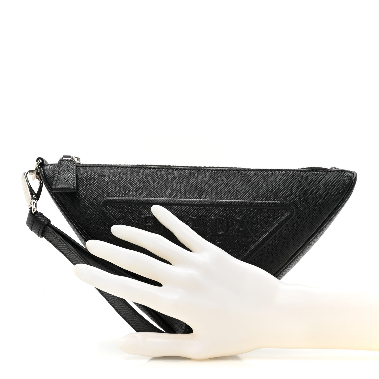 Prada Saffiano Cuir Triangle Logo Embossed Triangle Wristlet Black 2 of 9
