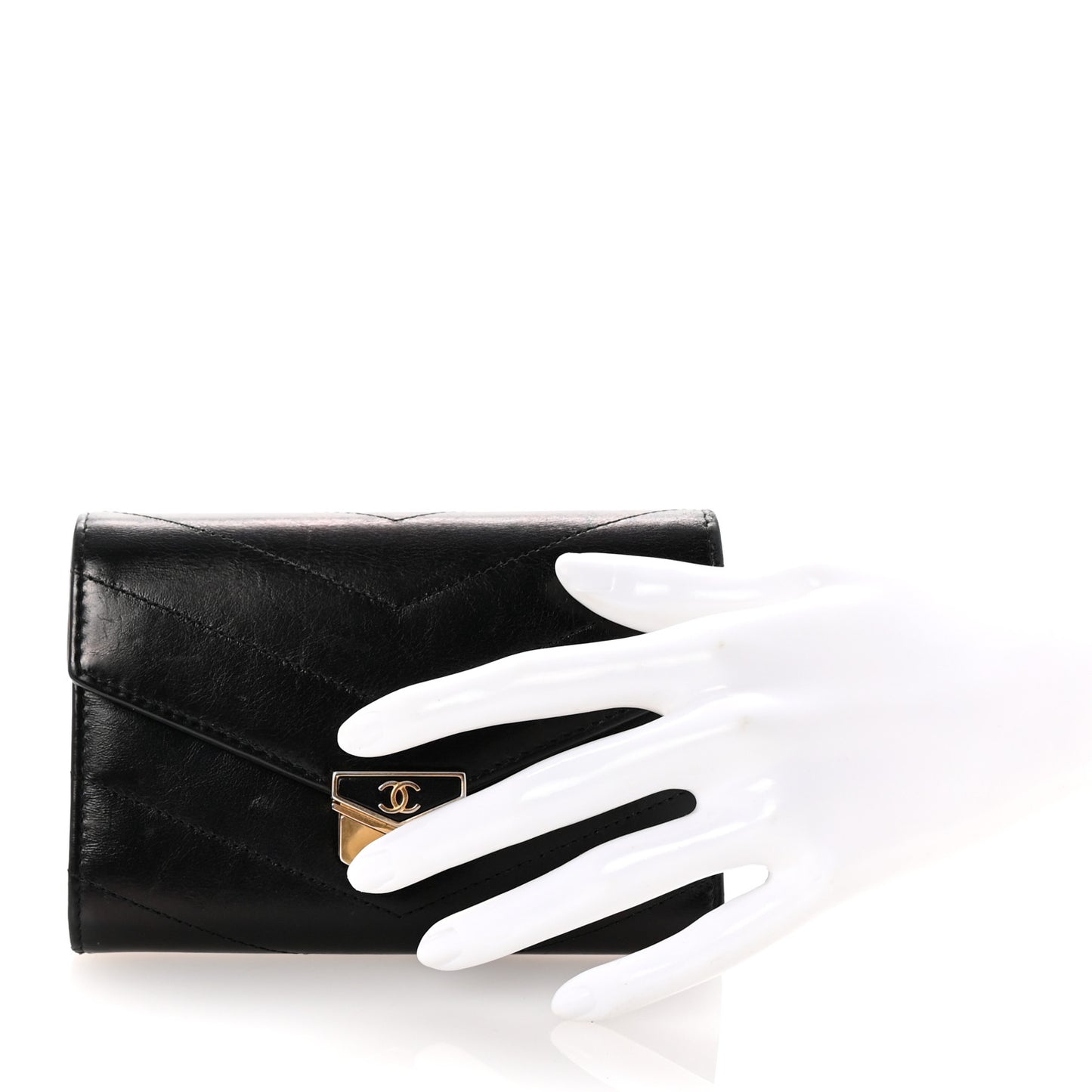 Calfskin Chevron Quilted Medal Flap Wallet Black