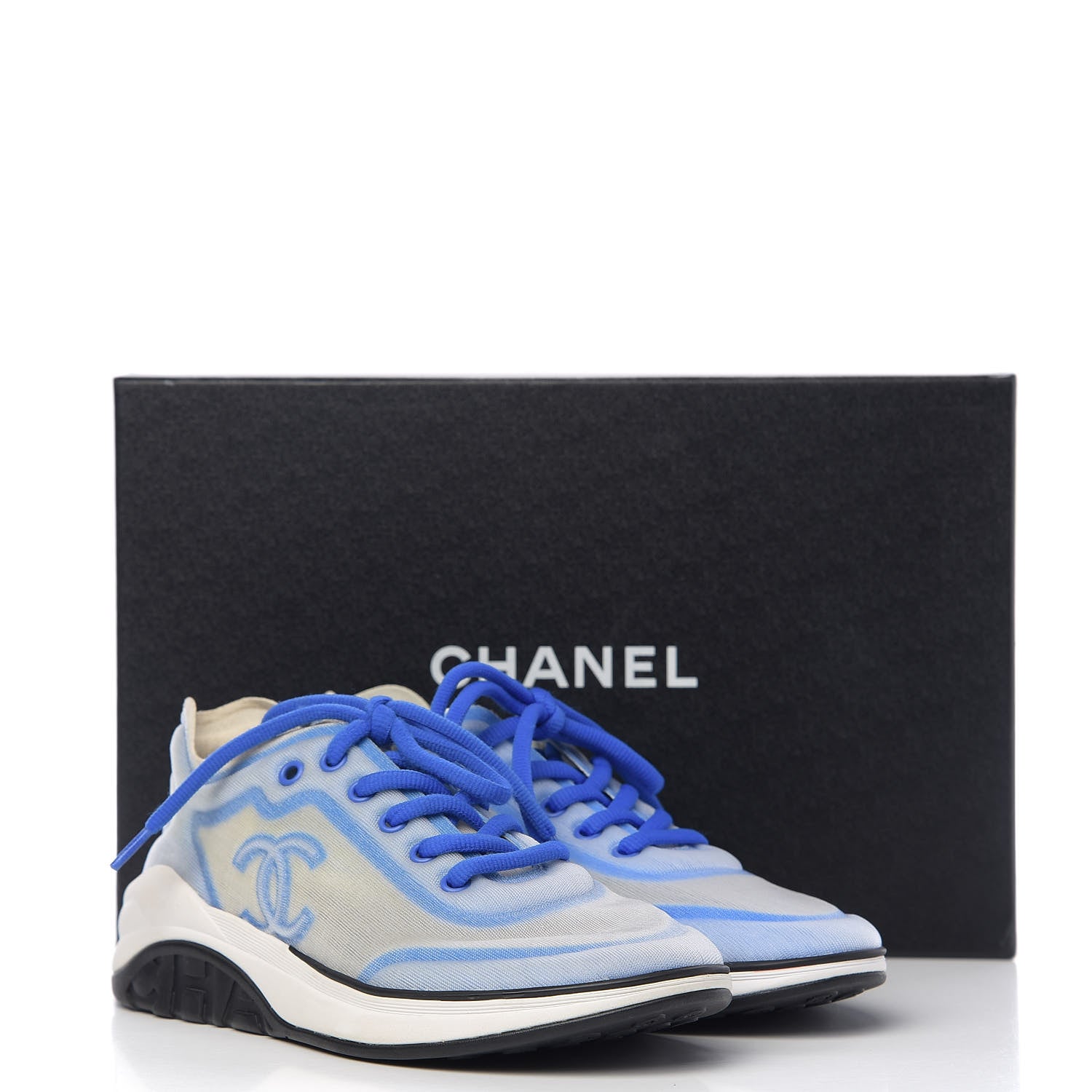 Chanel Calfskin Mesh Lycra Womens Logo Sneakers 37 White Blue 8 of 8