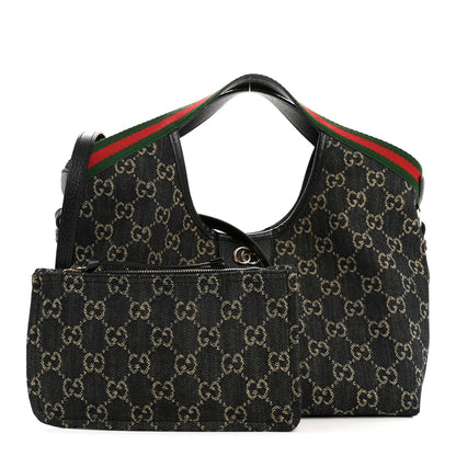 Gucci Denim GG Monogram Web Small Giglio Tote Black Ivory 3 of 10
