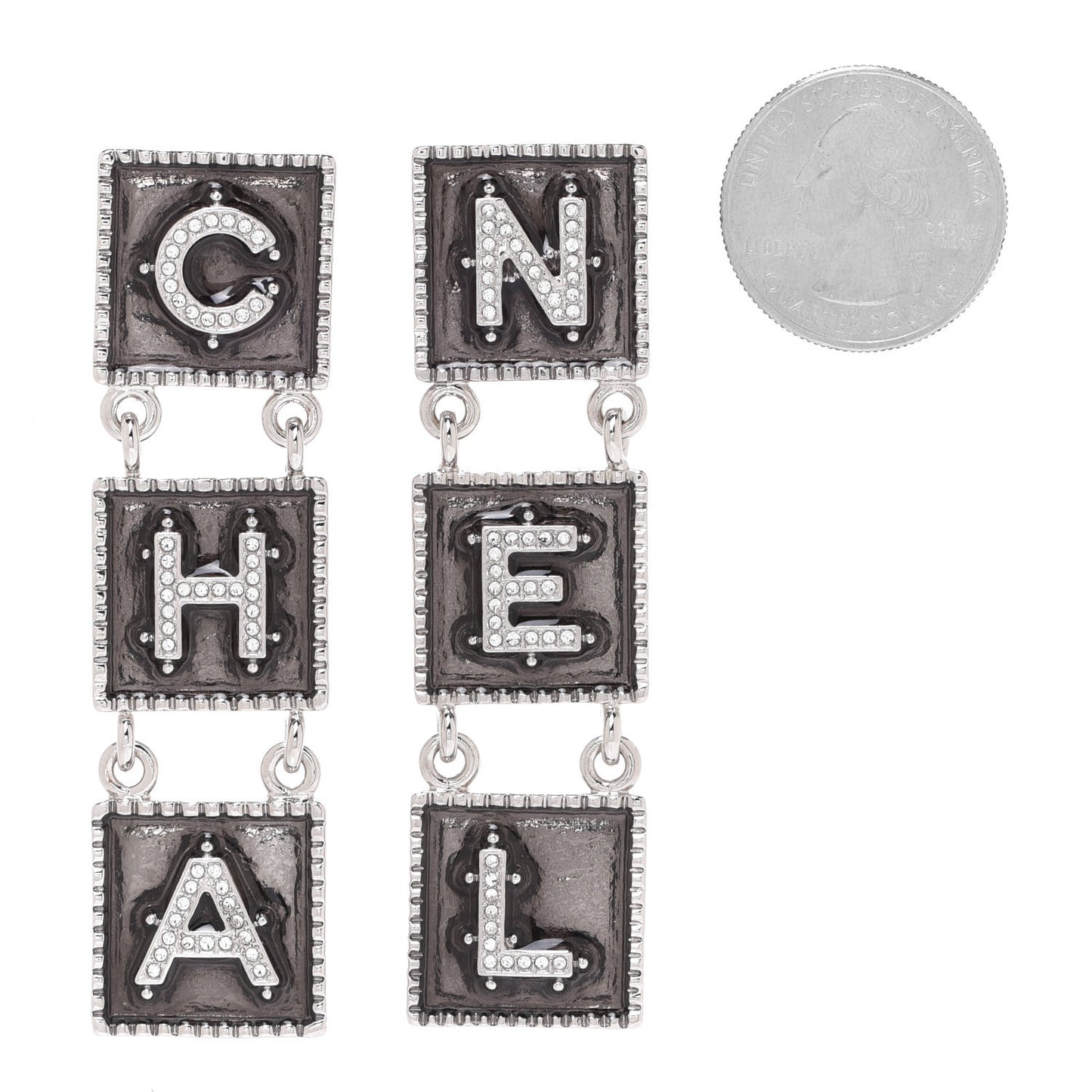 Metal Crystal Cha-Nel Logo Drop Earrings Silver