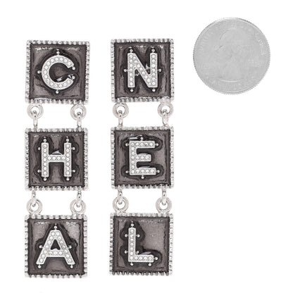 Chanel Metal Crystal Cha-Nel Logo Drop Earrings Silver 2 of 5
