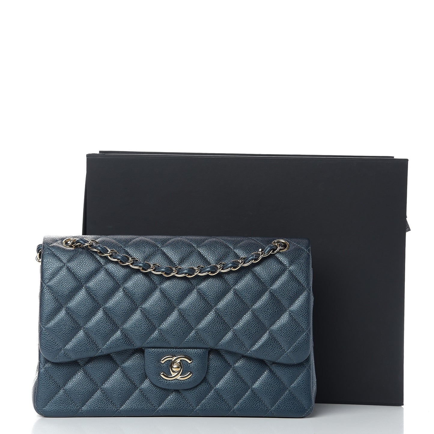 Iridescent Caviar Quilted Jumbo Double Flap Dark Blue