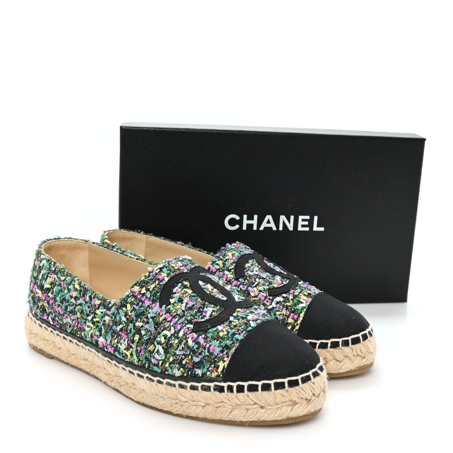 Chanel Tweed Grosgrain CC Espadrilles 39 Green Pink Yellow Black 10 of 10