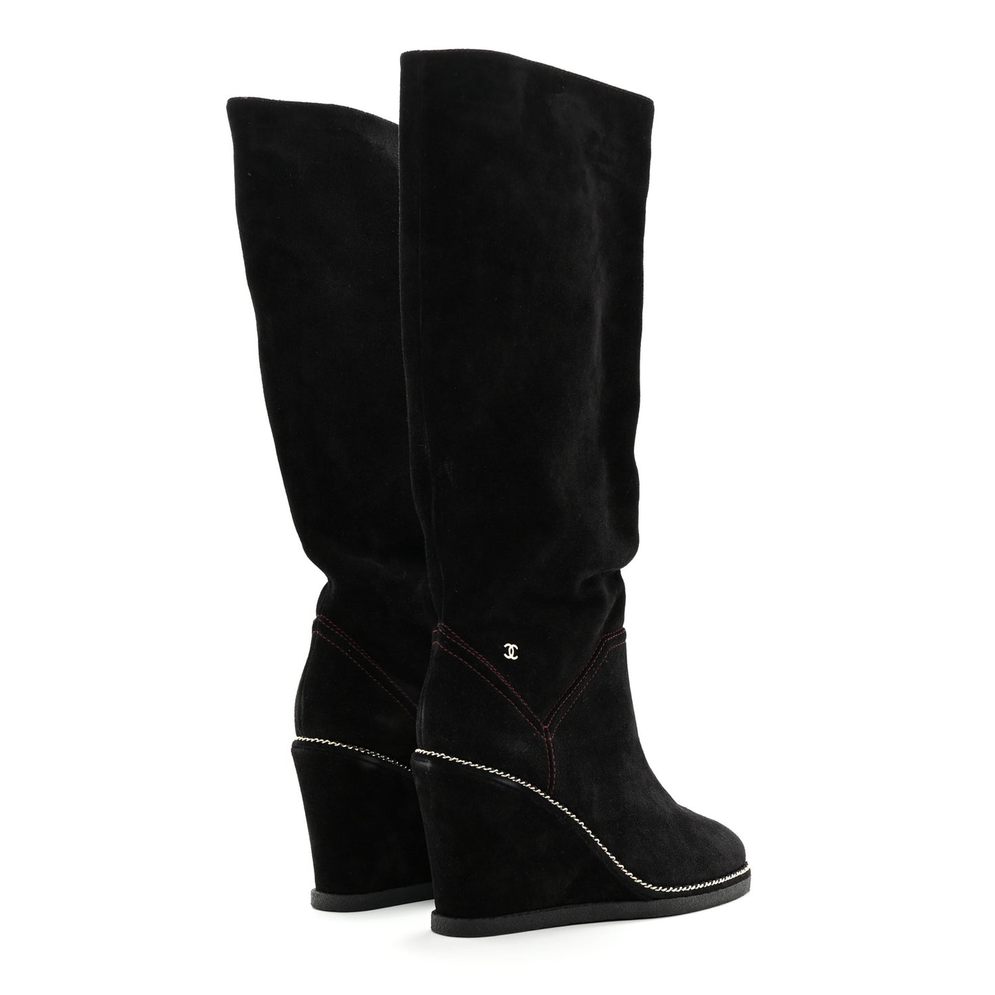 Suede Calfskin Chain Around High Boots 40 Black