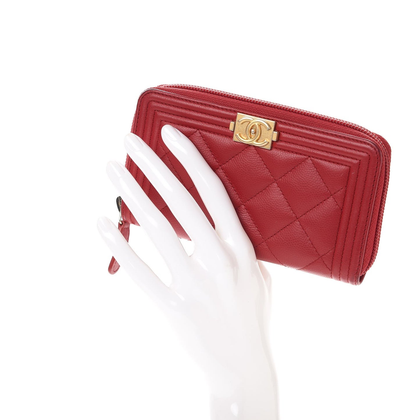Caviar Quilted Small Boy Zip Around Wallet Dark Red