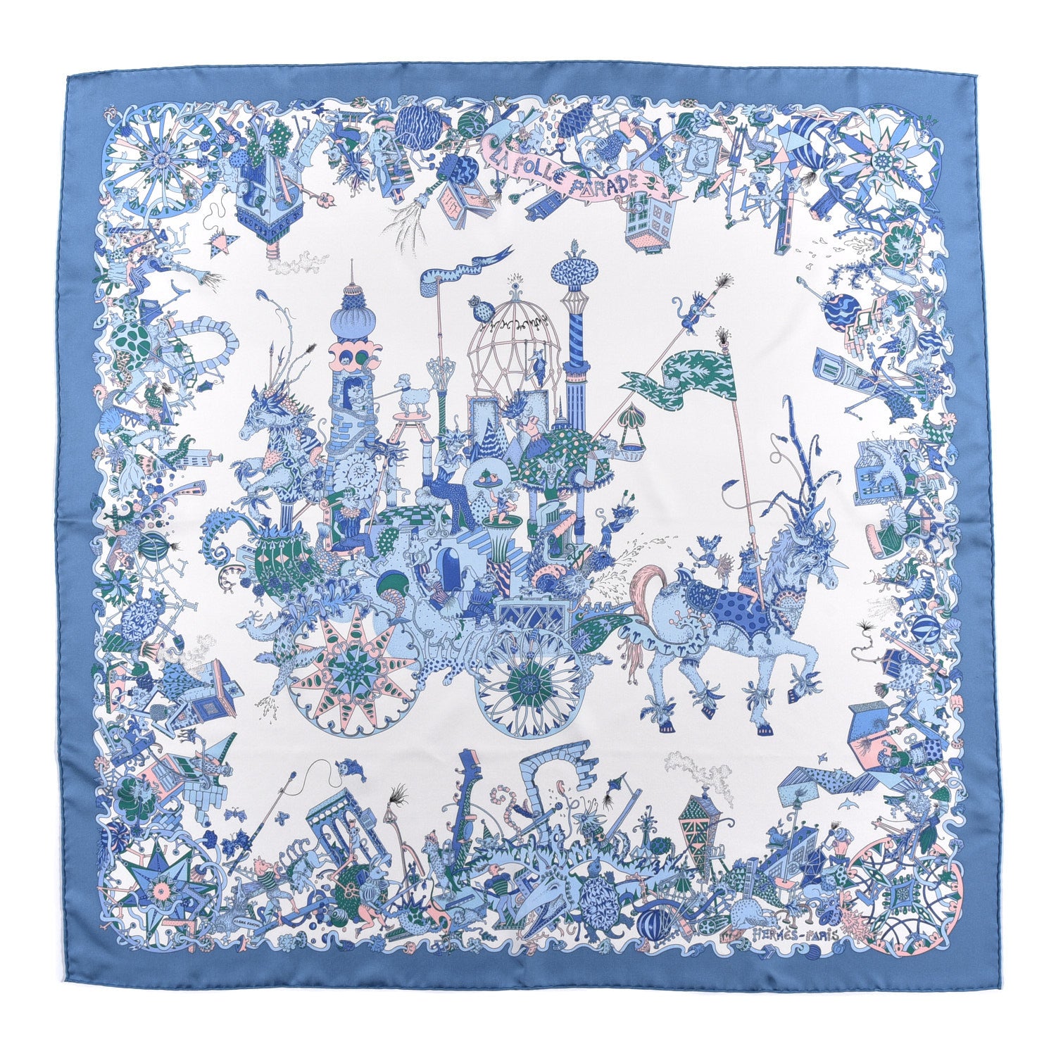 Hermes Silk Twill La Folle Parade Scarf 90 Bleu Jean White Rose 1 of 4