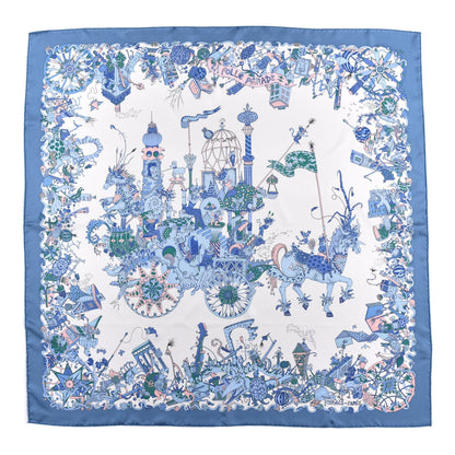 Hermes Silk Twill La Folle Parade Scarf 90 Bleu Jean White Rose 1 of 4