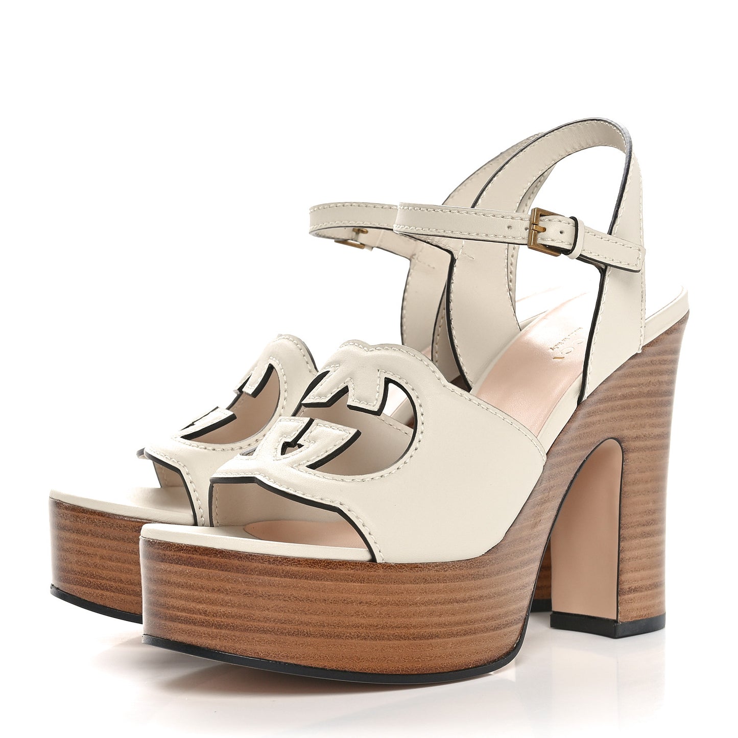 Cosmos Softy Calfskin Wooden Interlocking G Cut-Out 30/120mm Platform Sandals 38 Mystic White