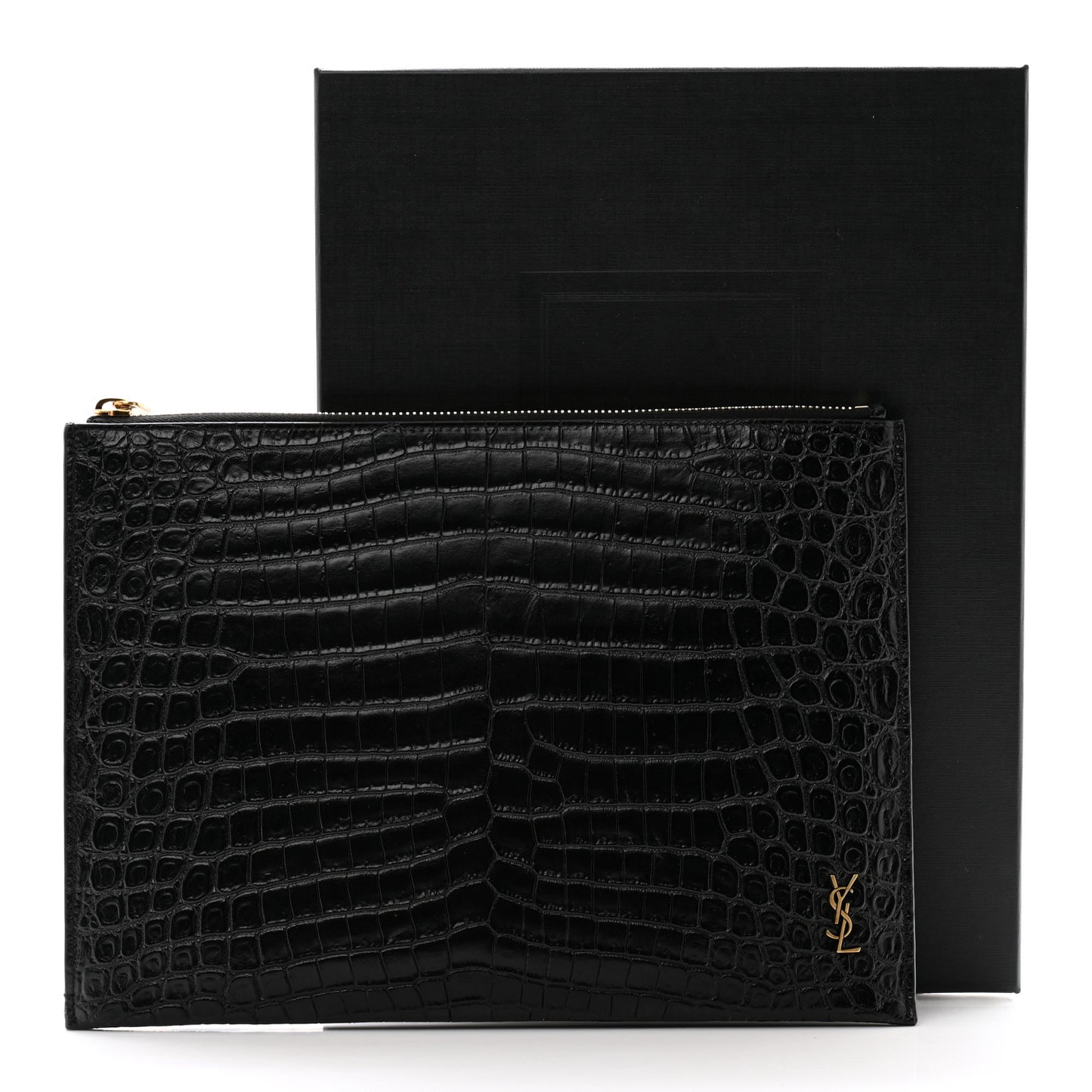 Calfskin Crocodile Embossed Tiny Monogram Zipped Tablet Holder Black
