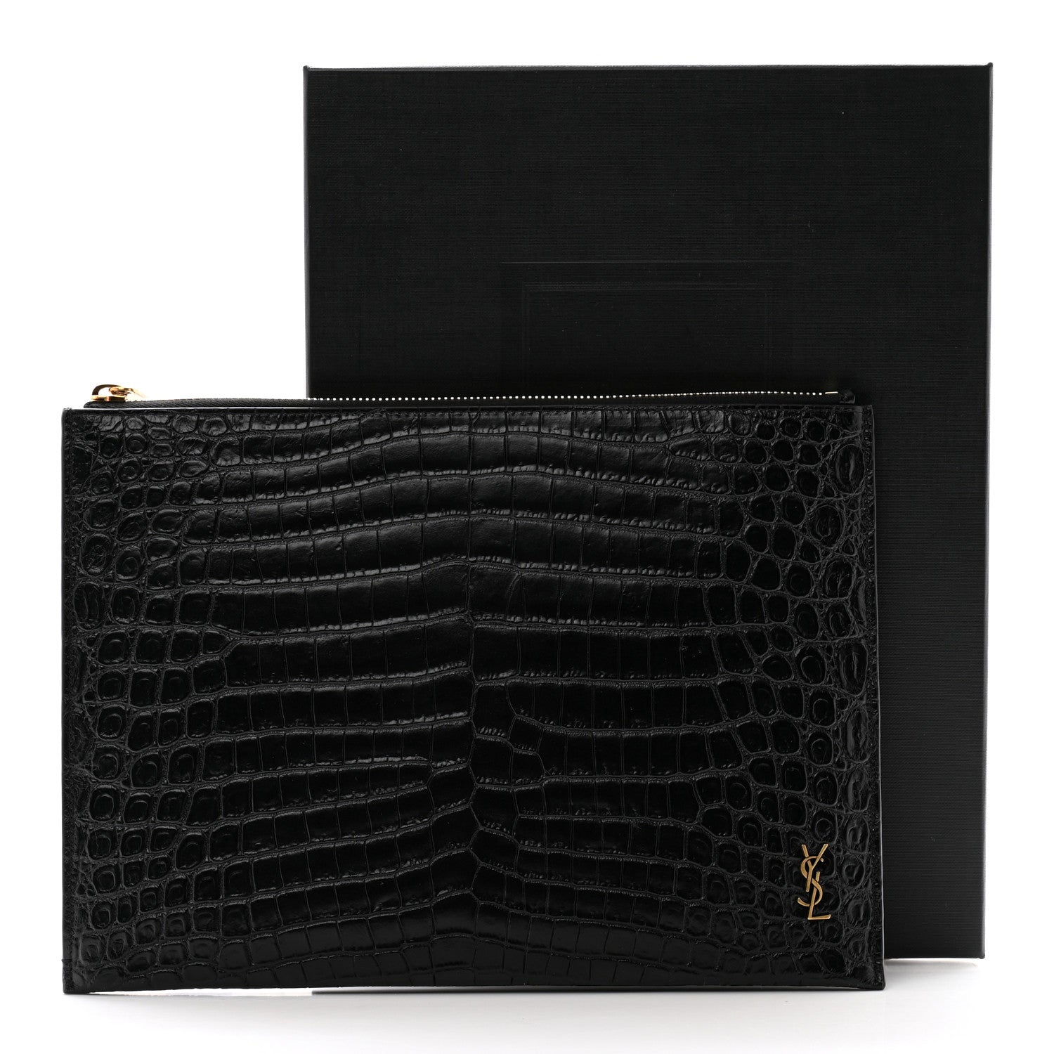 Saint Laurent Calfskin Crocodile Embossed Tiny Monogram Zipped Tablet Holder Black 9 of 9