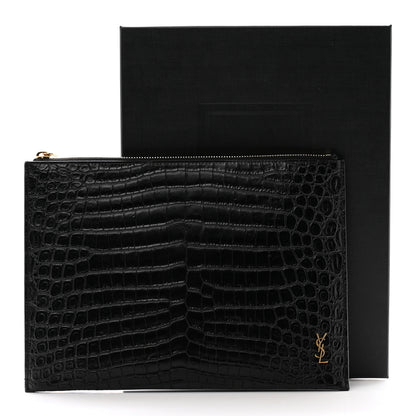 Saint Laurent Calfskin Crocodile Embossed Tiny Monogram Zipped Tablet Holder Black 9 of 9