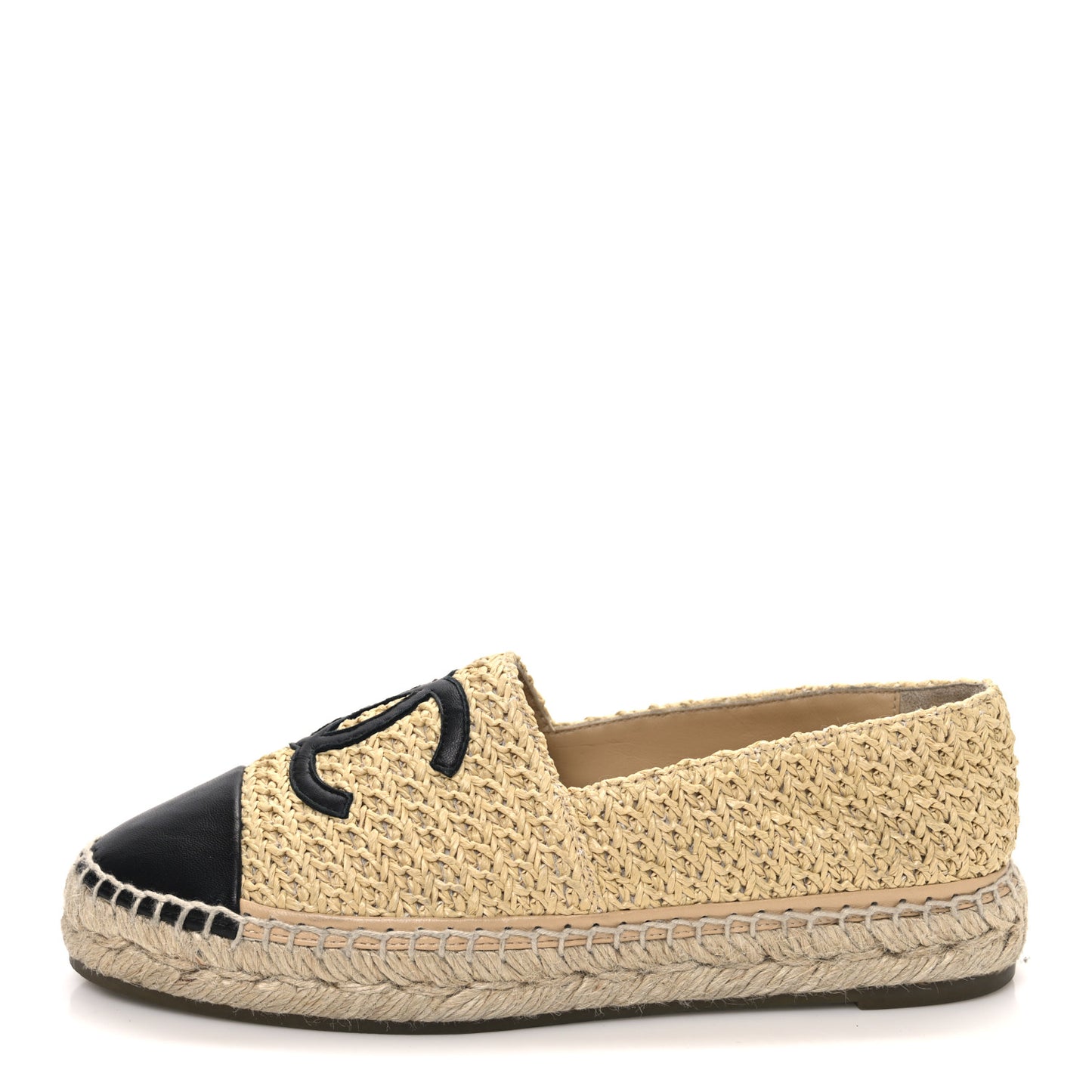 Braided Fabric Lambskin CC Espadrilles 38 Beige Black