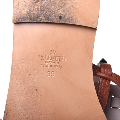 Valentino Garavani Pebbled Calfskin Rockstud Ankle Wrap Flat Thong Sandals 39 Bright Cognac 6 of 13