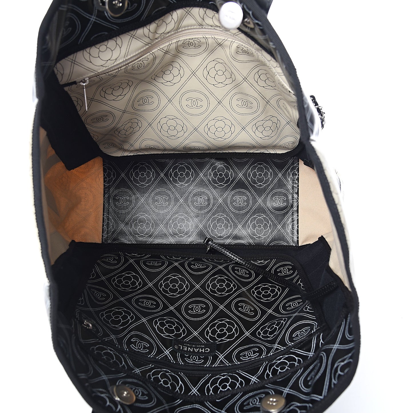 Coated Canvas Camellia Medium Shopping Tote Black Beige