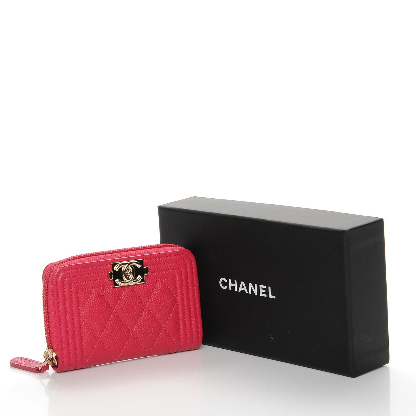 Caviar Quilted Boy Zip Around Coin Purse Wallet Fuchsia