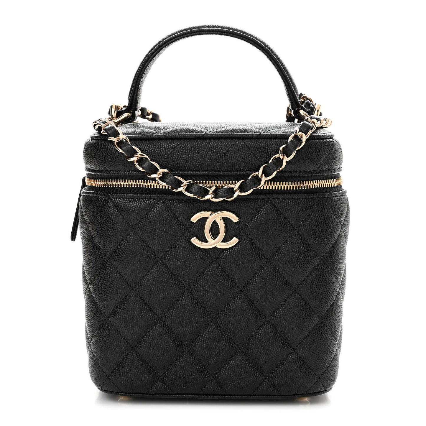Caviar Quilted Small Top Handle Vanity Case With Chain Black