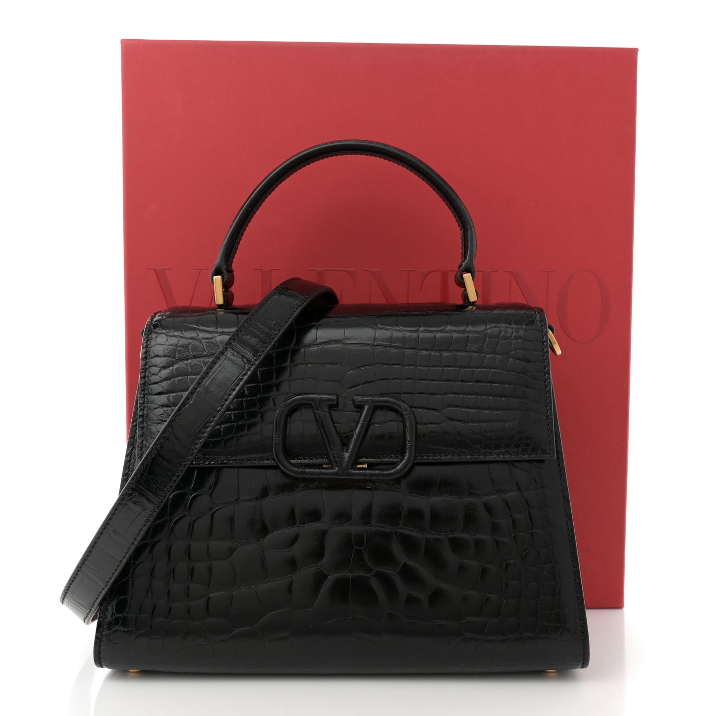 Crocodile Small VSling Top Handle Bag Black