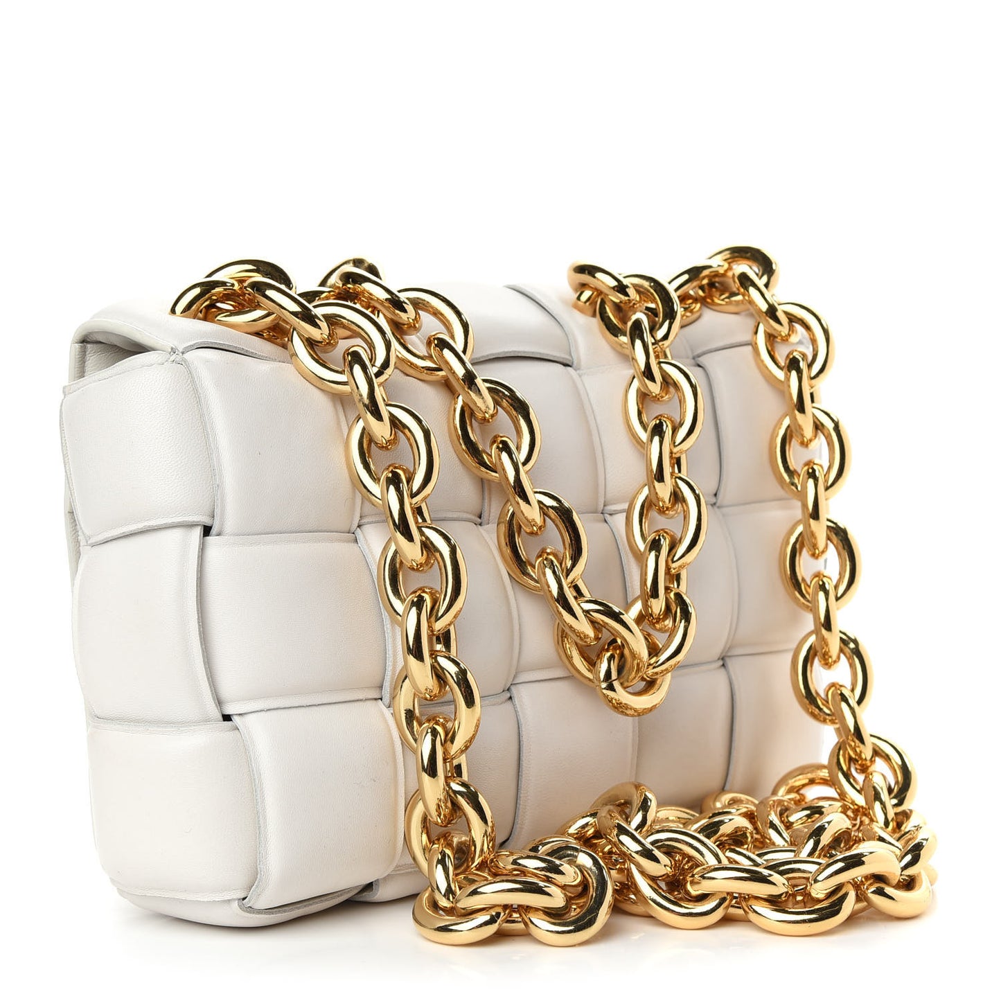 Lambskin Maxi Intreccio Padded Chain Cassette Crossbody Bag White