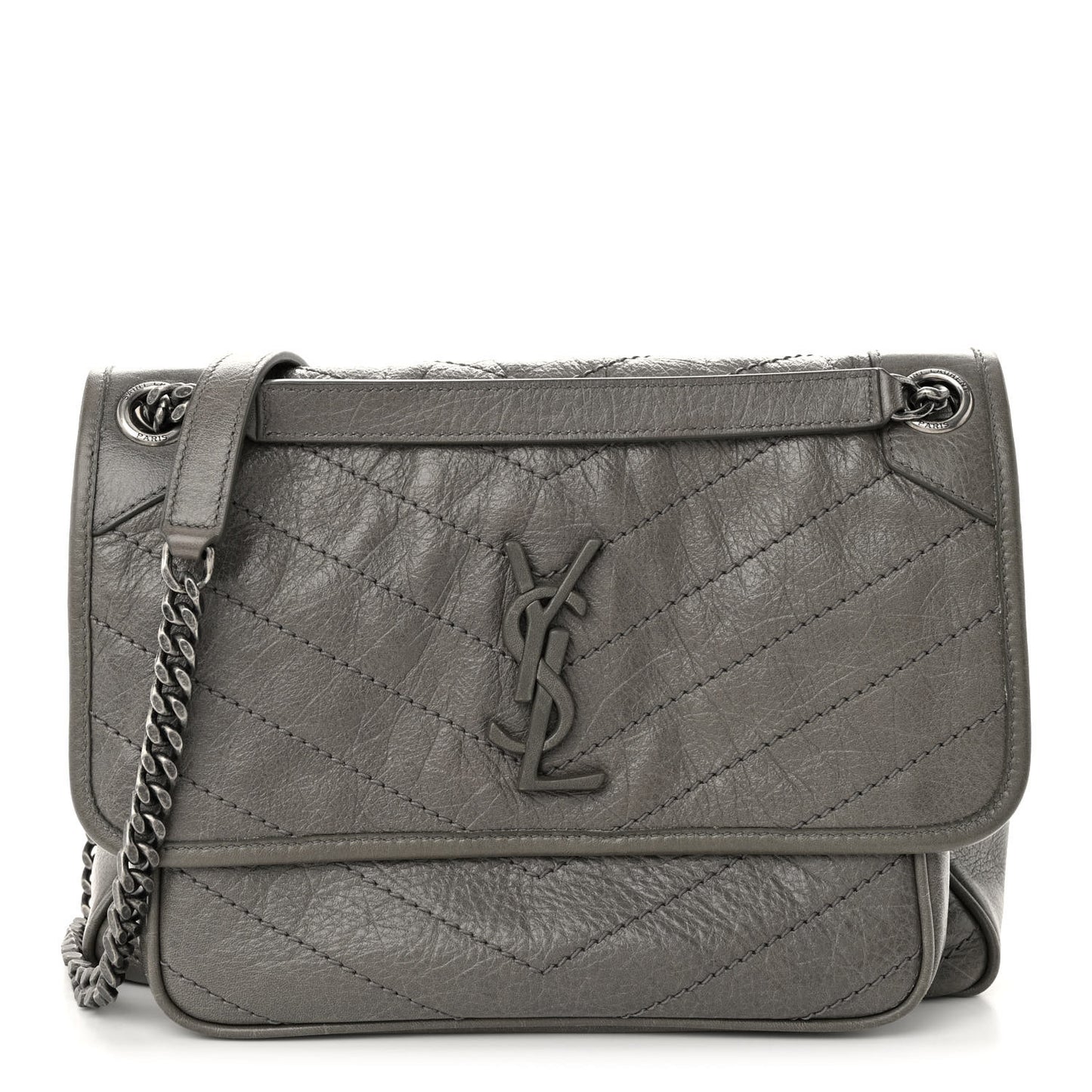 Crinkled Calfskin Matelasse Monogram Medium Niki Chain Satchel Fog