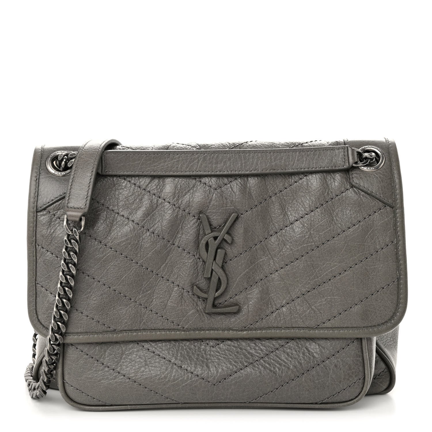Saint Laurent Crinkled Calfskin Matelasse Monogram Medium Niki Chain Satchel Fog 1 of 9