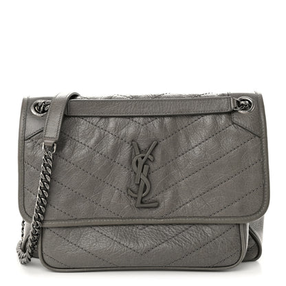 Saint Laurent Crinkled Calfskin Matelasse Monogram Medium Niki Chain Satchel Fog 1 of 9