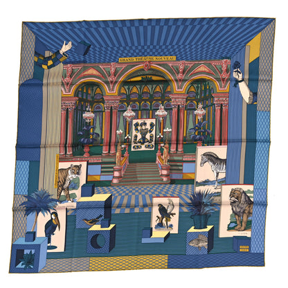 Hermes Silk Twill Grande Theatre Nouveau Scarf 90 Bleu Jean Vert Moutarde 1 of 4