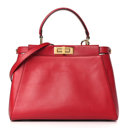Fendi Vitello Morgan Fabric Jacquard Pequin Medium Peekaboo Iconic Satchel Mattone Tobacco Red 1 of 10