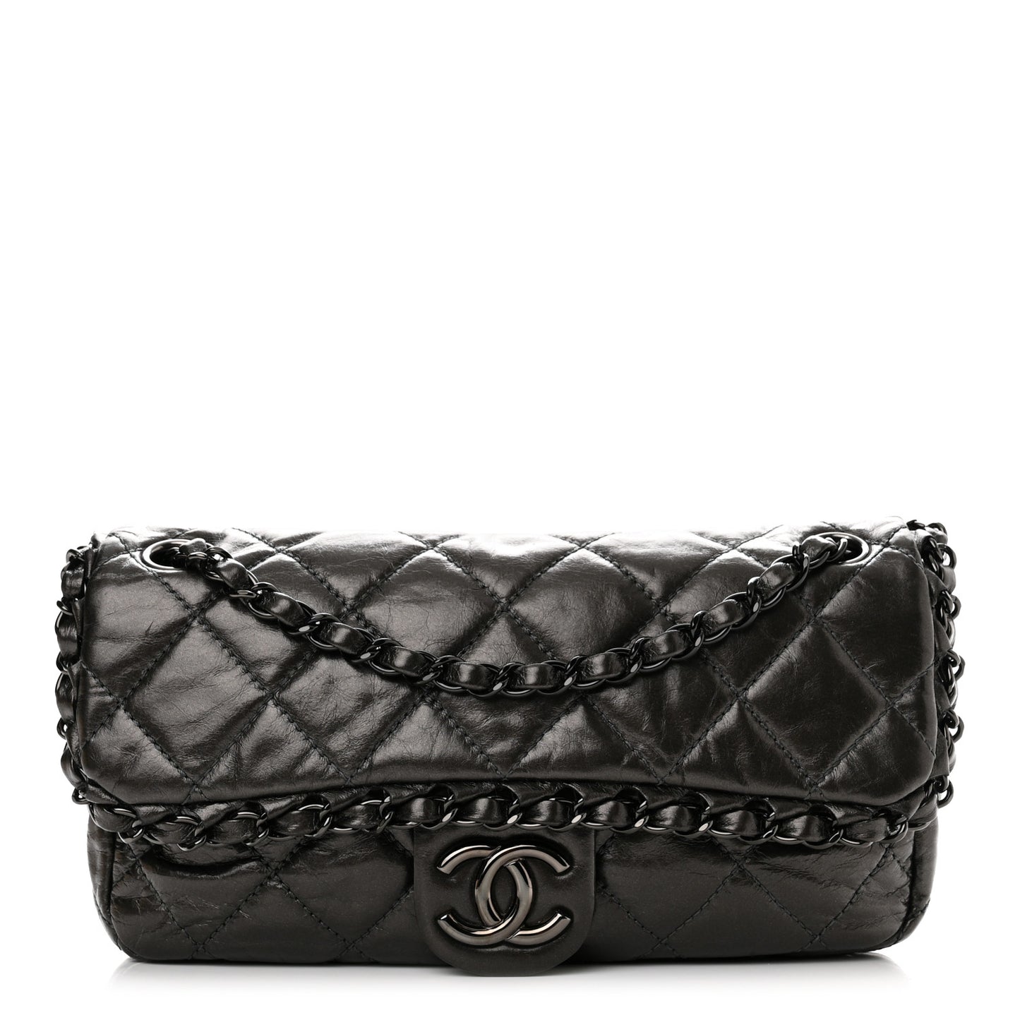 Metallic Aged Calfskin Quilted Small Chain Me Flap Black
